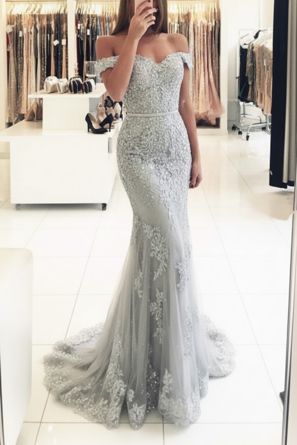 Rot Lange Abendkleider Spitze Perlen Schulterfrei Meerjungfrau Abibllkleider Partykleider BA3809