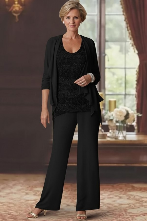 Silber Brautmutter Hosenanzug Chiffon Brautmutterkleider mit Spitze