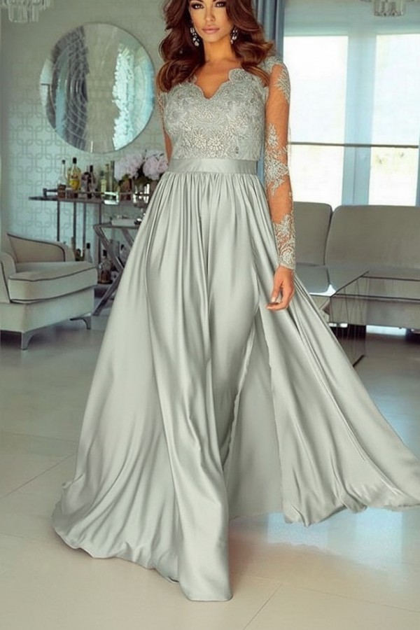 Champagne Abendkleider Lang Mit Ärmel Spitze Abendmoden Günstig