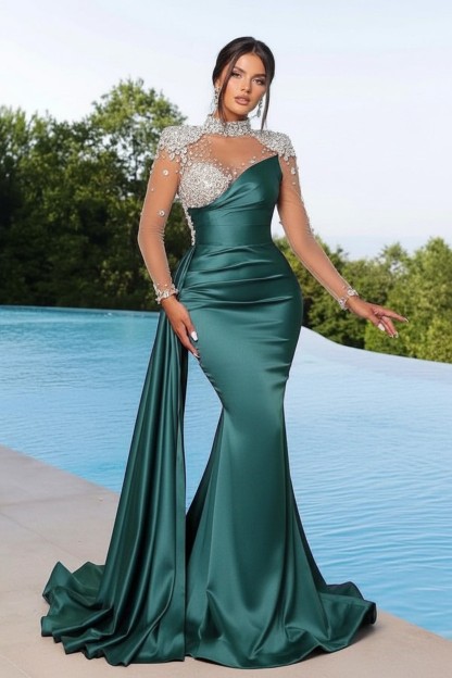 Designer Abendkleider Lang Grün | Abiballkleider mit Ärmel