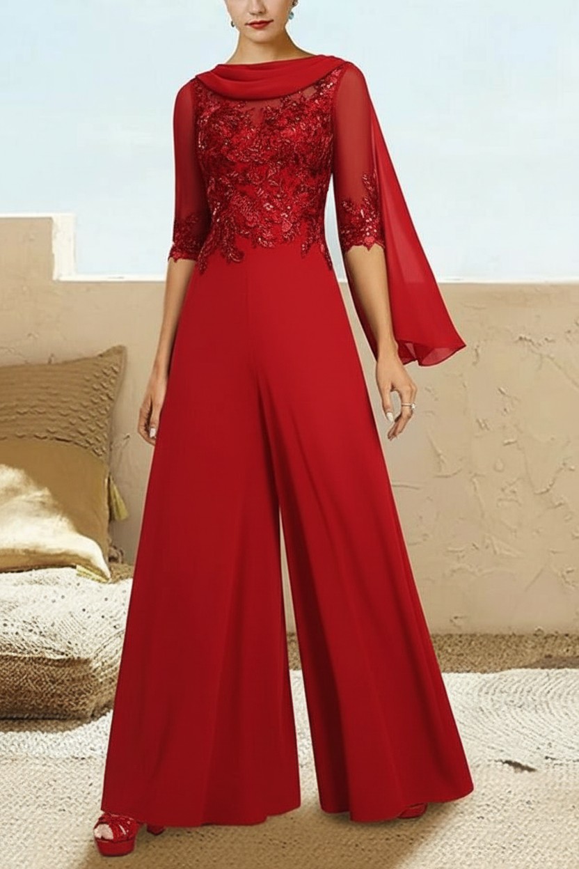 Navy Blau Jumpsuit Hosenanzüge Lang Chiffon Brautmutterkleider mit Ärmel