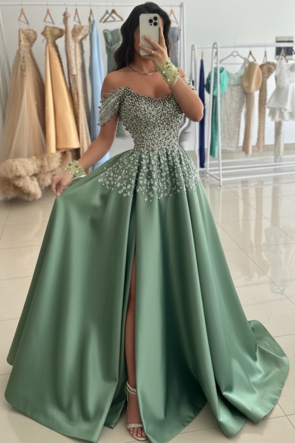 Günstige Abendkleider Lang Grün Ballkleider Abiballkleider mit Glitzer