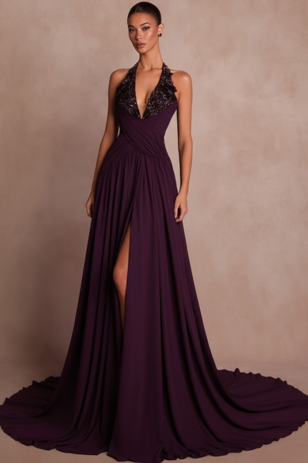 Schlichte Abendkleider Lang V Ausschnitt Chiffon Ballkleider mit Glitzer