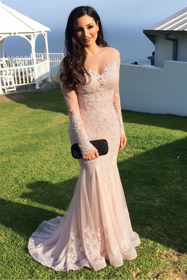 Schwarz Abendkleider Lang Ärmel Spitze Meerjungfrau Abendmoden Partykleider