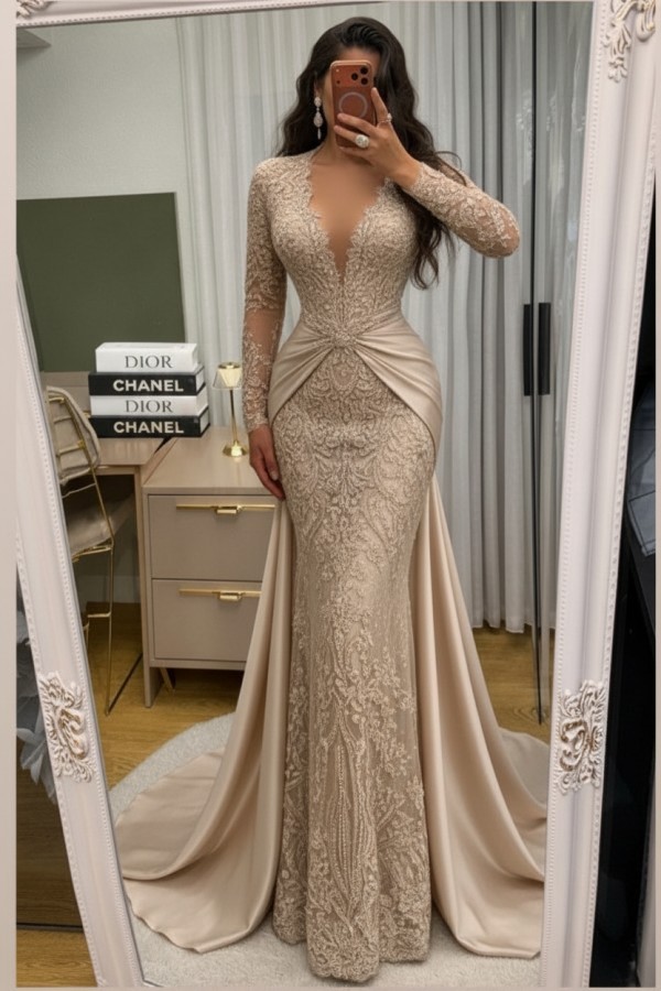 Wunderschöne Abendkleider Lang Spitze Abiballkleider mit Ärmel