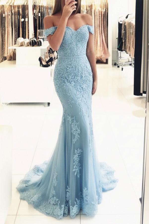 Rot Lange Abendkleider Spitze Perlen Schulterfrei Meerjungfrau Abibllkleider Partykleider BA3809