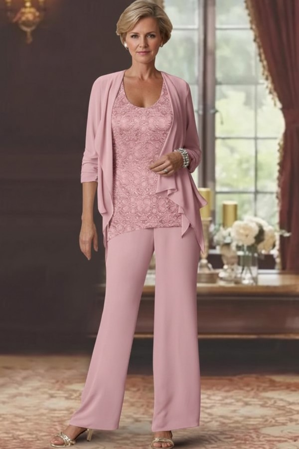 Silber Brautmutter Hosenanzug Chiffon Brautmutterkleider mit Spitze