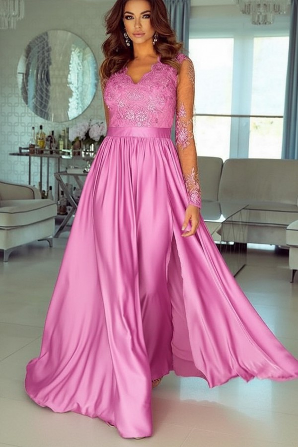 Champagne Abendkleider Lang Mit Ärmel Spitze Abendmoden Günstig