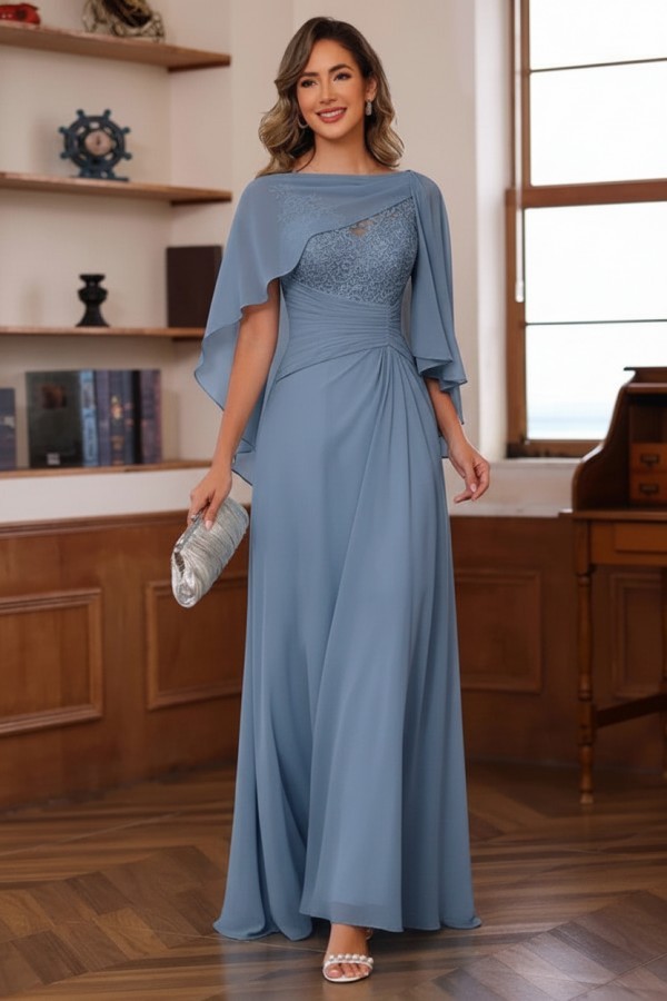 Designer Chiffon Brautmutterkleider Lang Blau Festliche Kleider Hochzeitsparty