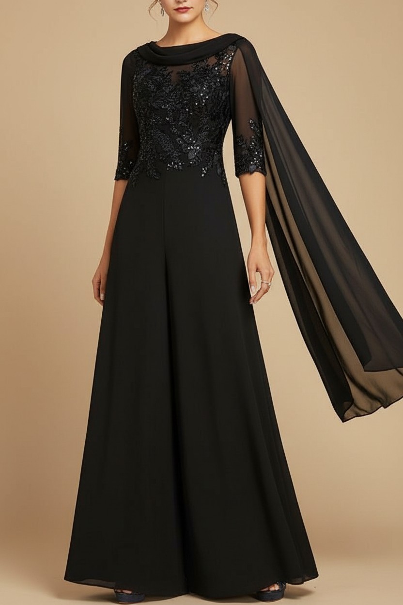 Navy Blau Jumpsuit Hosenanzüge Lang Chiffon Brautmutterkleider mit Ärmel