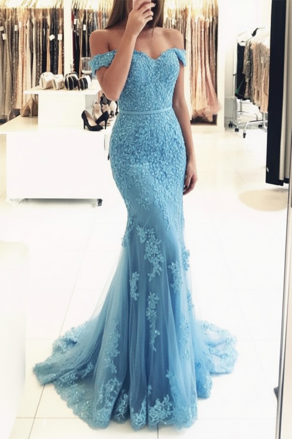 Rot Lange Abendkleider Spitze Perlen Schulterfrei Meerjungfrau Abibllkleider Partykleider BA3809