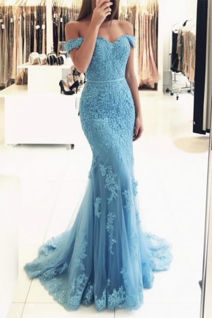 Rot Lange Abendkleider Spitze Perlen Schulterfrei Meerjungfrau Abibllkleider Partykleider BA3809