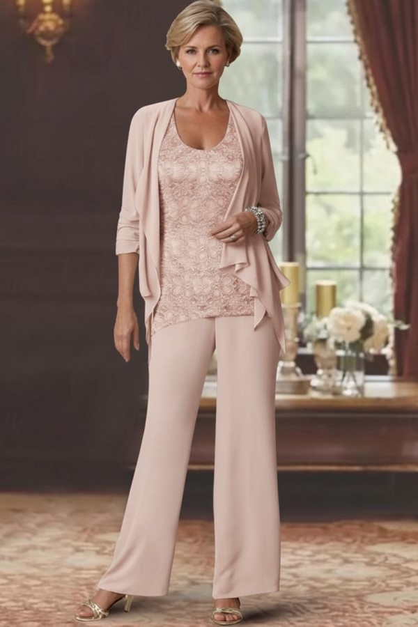 Silber Brautmutter Hosenanzug Chiffon Brautmutterkleider mit Spitze