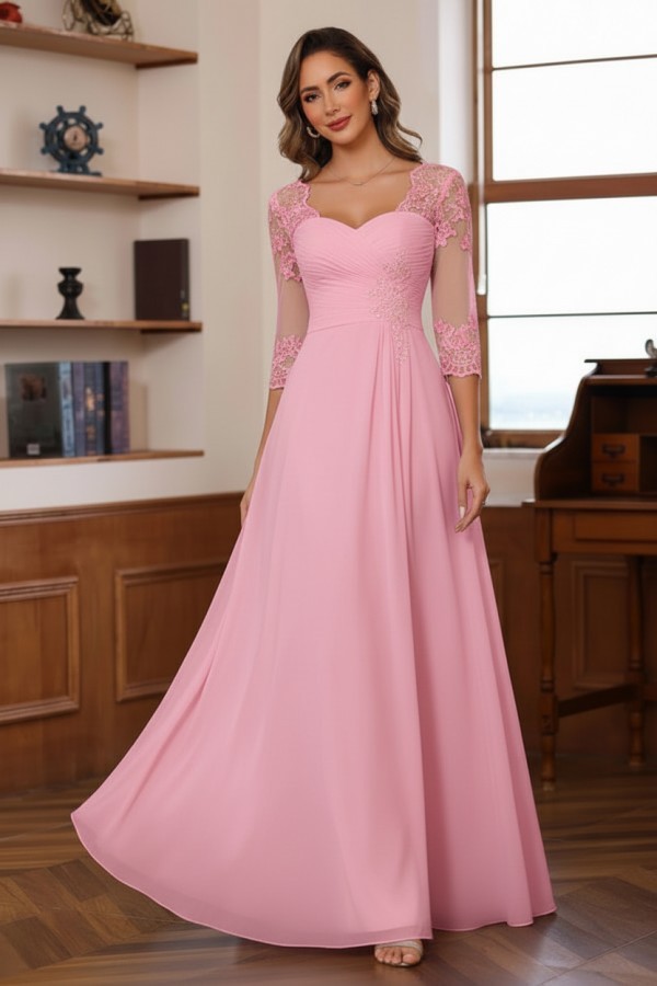 Dusty Blaue Brautmutterkleider Lang Chiffon Hoochzeitspartykleid Spitzenärmel
