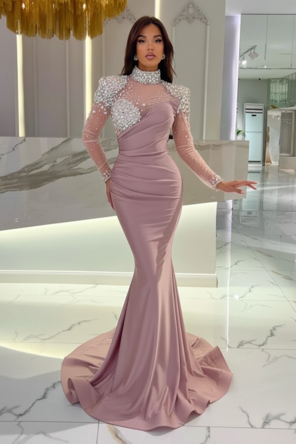 Schöne Abendkleider Lang Rosa | Abiballkleider Glitzer mit Ärmel