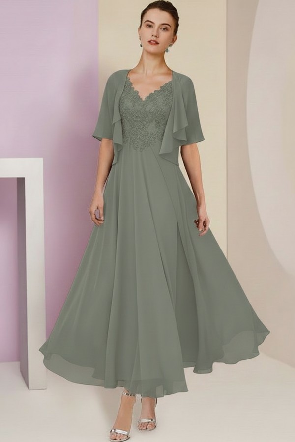 Elegant Rosa Brautmutterkleider Chiffon | Mutterkleider mit V-Ausschnitt