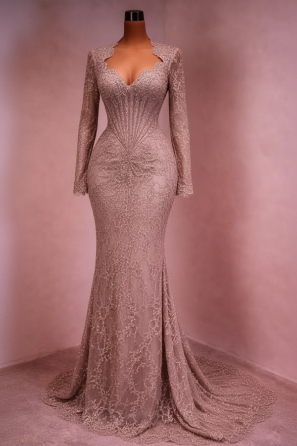 Designer Abendkleid Lang Weinrot Ballkleid Spitze Mit Ärmel