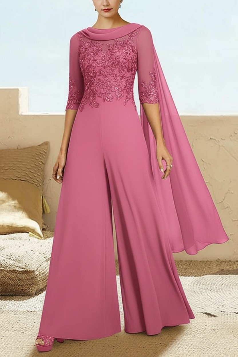 Navy Blau Jumpsuit Hosenanzüge Lang Chiffon Brautmutterkleider mit Ärmel