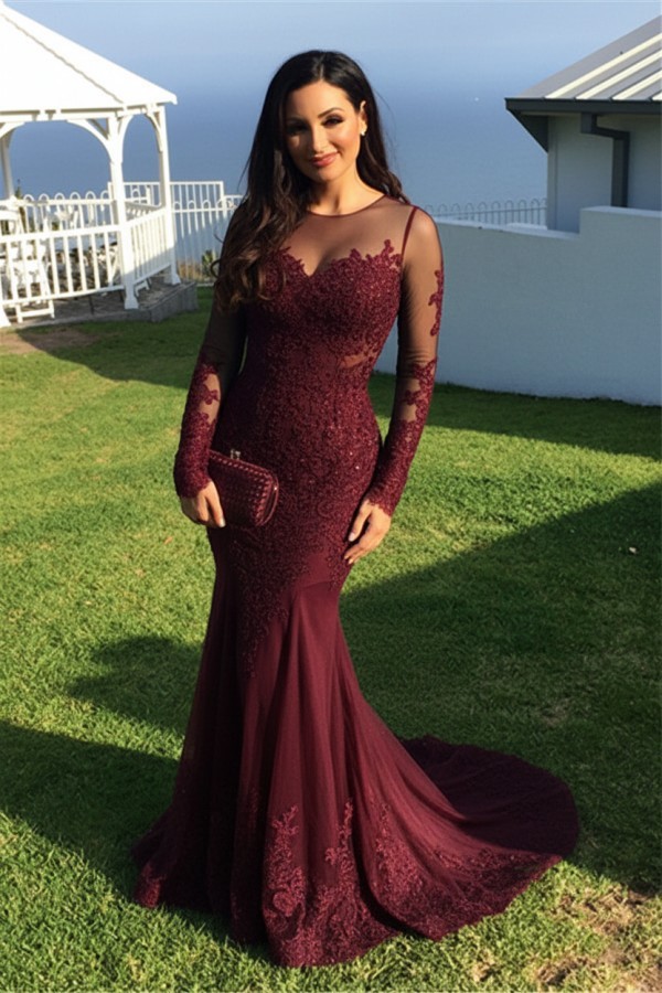 Schwarz Abendkleider Lang Ärmel Spitze Meerjungfrau Abendmoden Partykleider