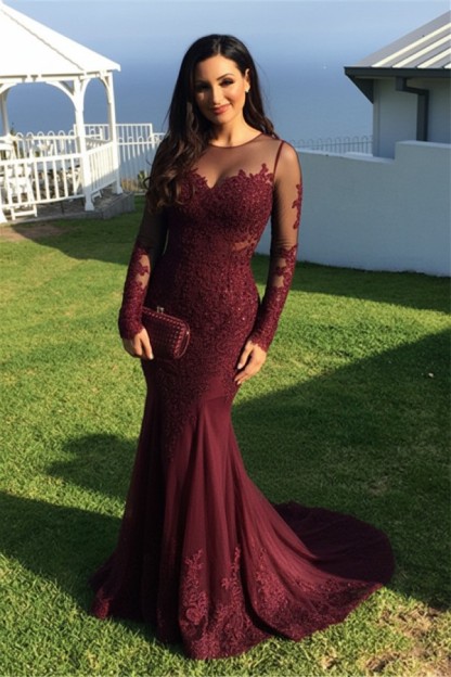 Schwarz Abendkleider Lang Ärmel Spitze Meerjungfrau Abendmoden Partykleider