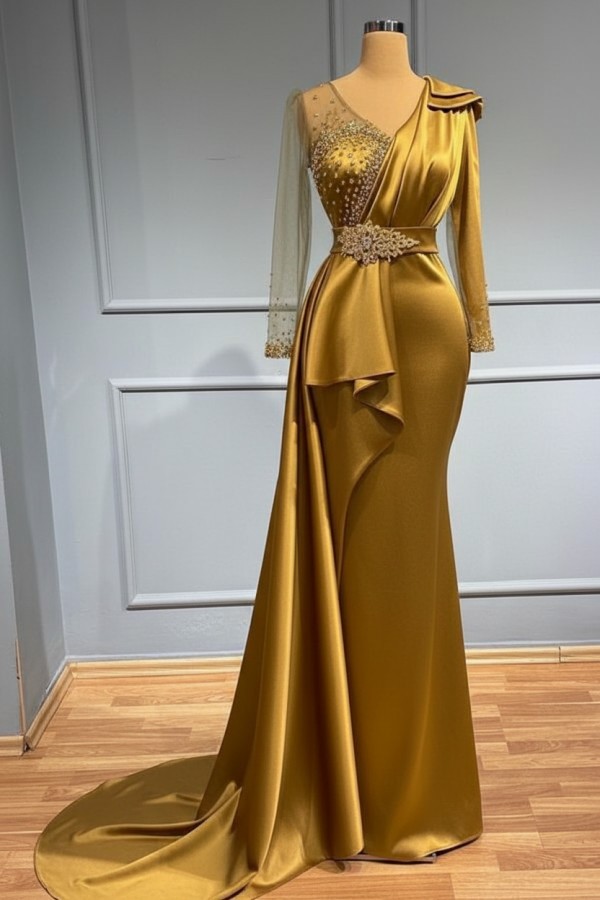 Olive Grün Abendkleider Lang Glitzer | Abiballkleider mit Ärmel