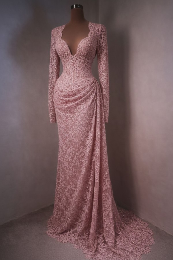 Himmel Blau Abendkleider Lang Spitze Abiballkleider mit Ärmel