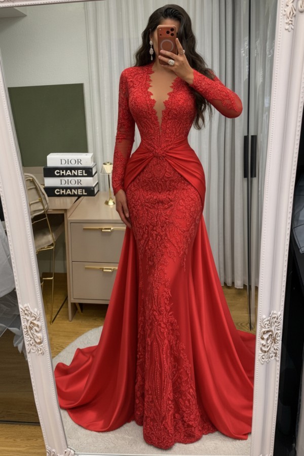 Wunderschöne Abendkleider Lang Spitze Abiballkleider mit Ärmel