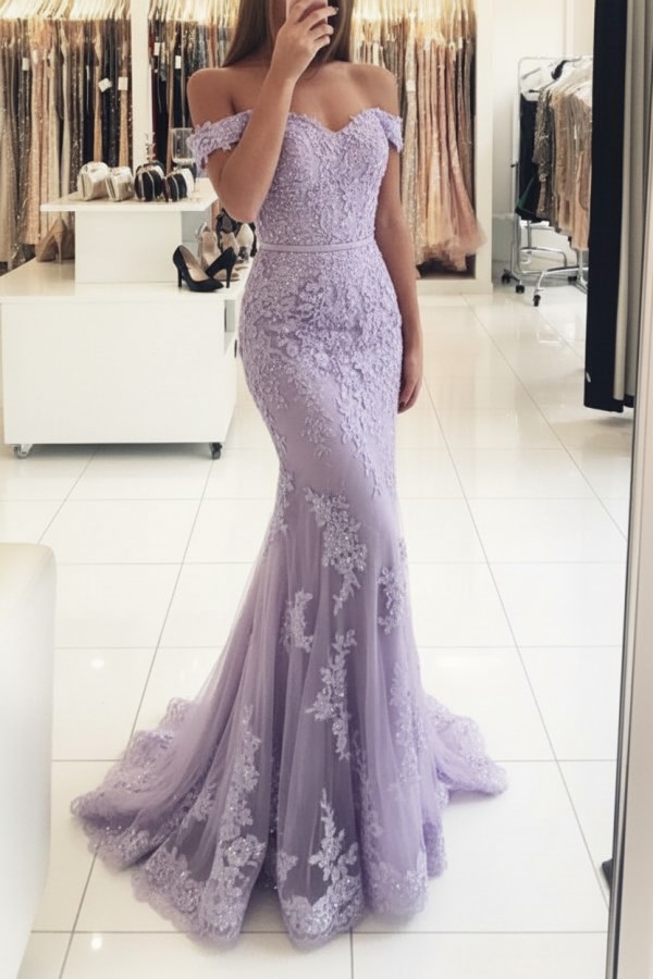 Rot Lange Abendkleider Spitze Perlen Schulterfrei Meerjungfrau Abibllkleider Partykleider BA3809