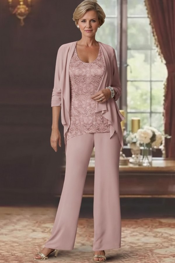 Silber Brautmutter Hosenanzug Chiffon Brautmutterkleider mit Spitze