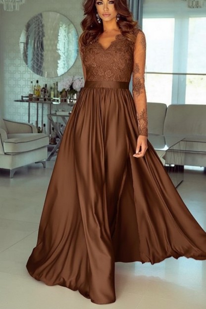 Champagne Abendkleider Lang Mit Ärmel Spitze Abendmoden Günstig