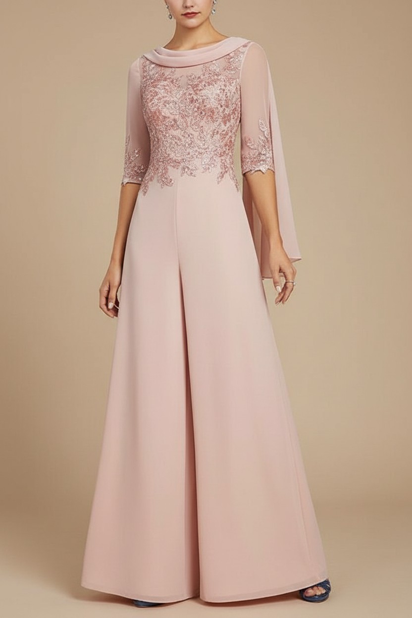 Navy Blau Jumpsuit Hosenanzüge Lang Chiffon Brautmutterkleider mit Ärmel