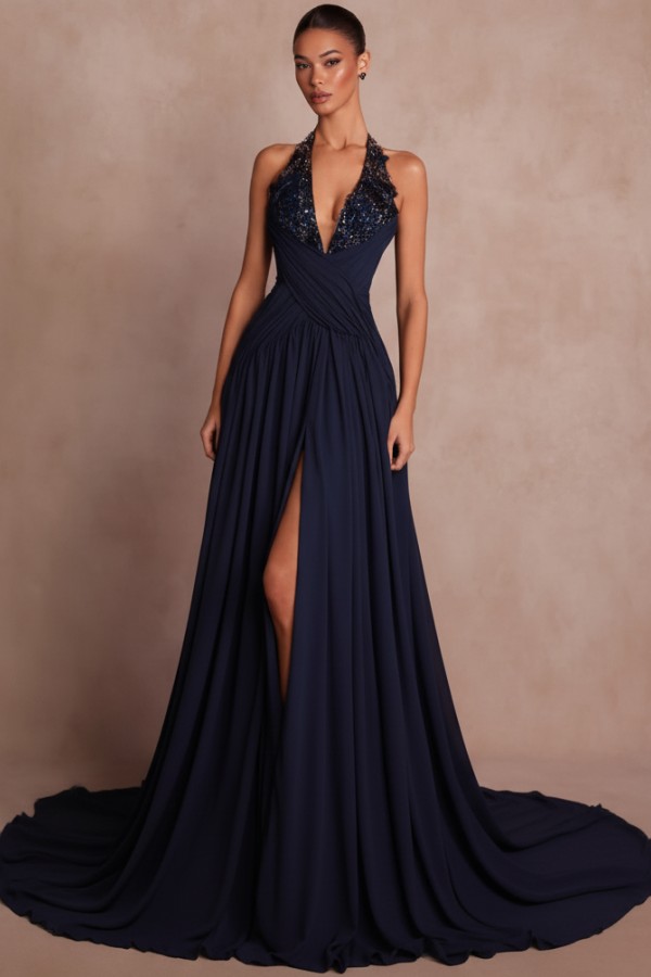 Schlichte Abendkleider Lang V Ausschnitt Chiffon Ballkleider mit Glitzer