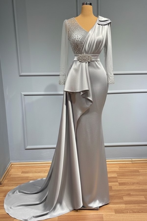 Olive Grün Abendkleider Lang Glitzer | Abiballkleider mit Ärmel