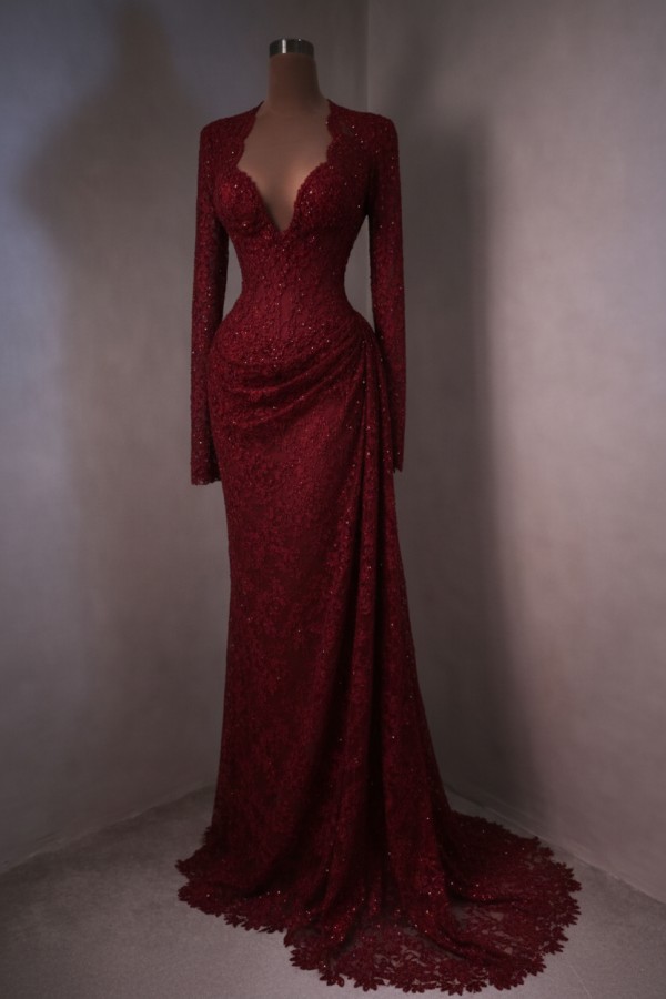 Himmel Blau Abendkleider Lang Spitze Abiballkleider mit Ärmel