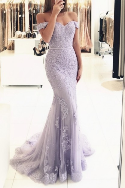 Rot Lange Abendkleider Spitze Perlen Schulterfrei Meerjungfrau Abibllkleider Partykleider BA3809