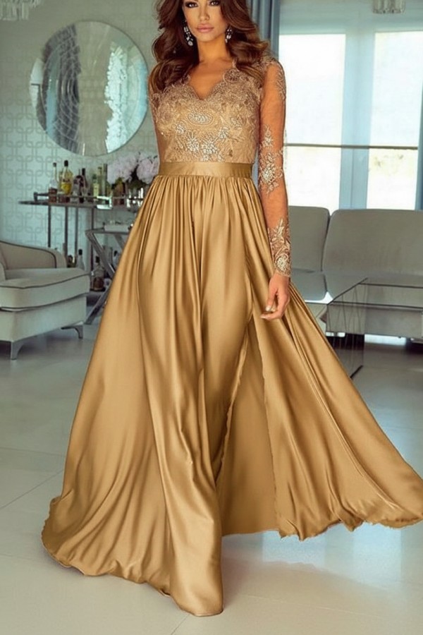 Champagne Abendkleider Lang Mit Ärmel Spitze Abendmoden Günstig