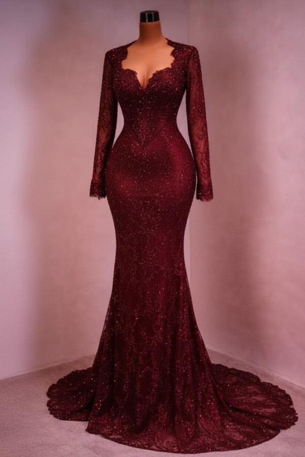 Designer Abendkleid Lang Weinrot Ballkleid Spitze Mit Ärmel