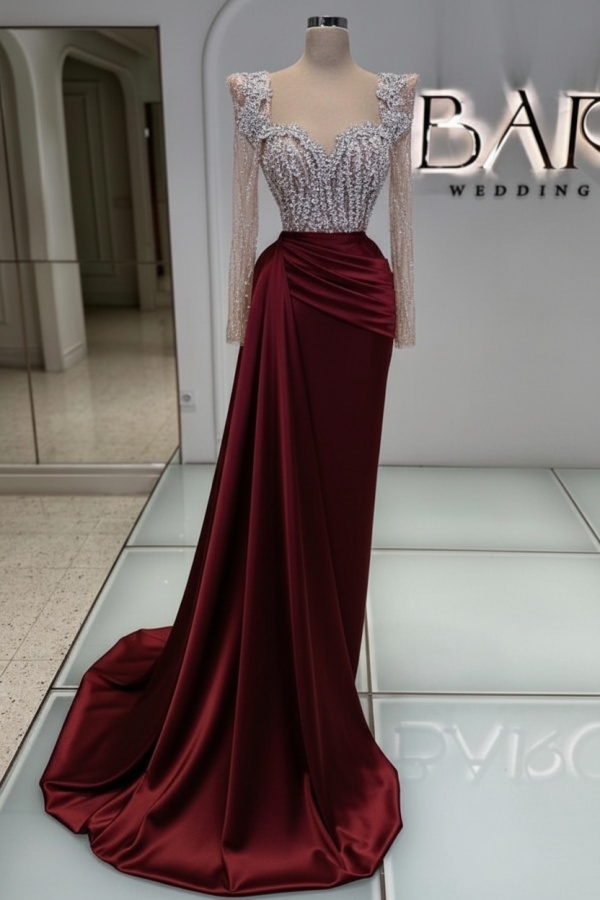 Extravagante Abendkleider Lang Purpur | Abiballkleider mit Glitzer Ärmel