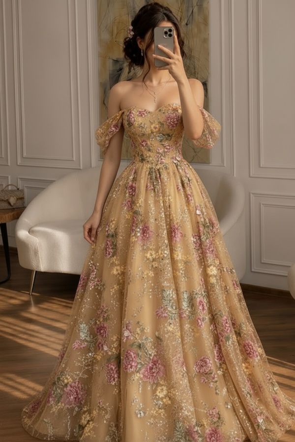 Schöne Abendkleider Lang Glitzer Ballkleider mit Blumen
