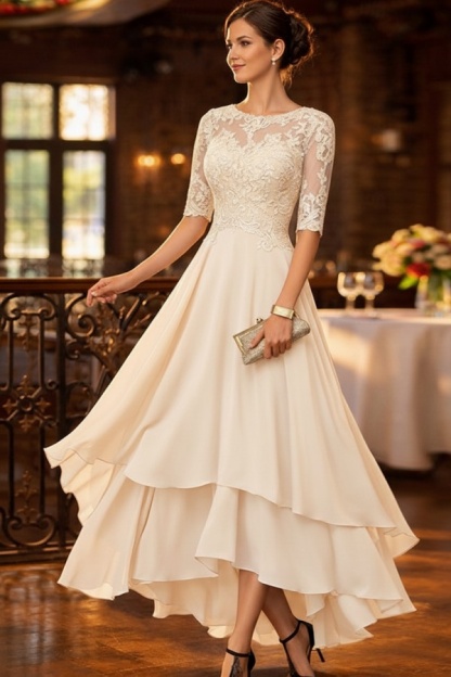 Dusty Blau Brautmutterkleider Kurz Festliche Hochzeitspartykleider Chiffon