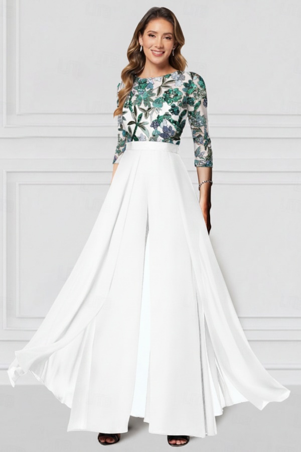 Festliche Hosenanzüge Lang Glitzer | Chiffon Schwarz Brautmutterkleider mit Ärmel