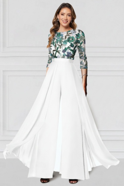 Festliche Hosenanzüge Lang Glitzer | Chiffon Schwarz Brautmutterkleider mit Ärmel