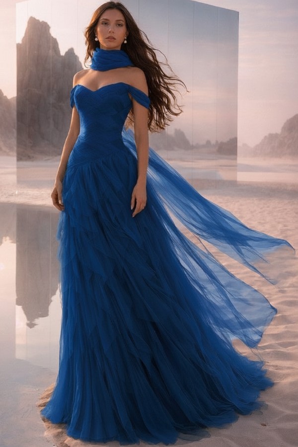  Tintenblau Abendkleider Lang Tüll Ballkleider Abiballkleider Online