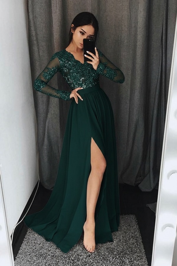 Silber Abendkleider Lang Mit Ärmel Chiffon Abendkleider Spitze Online