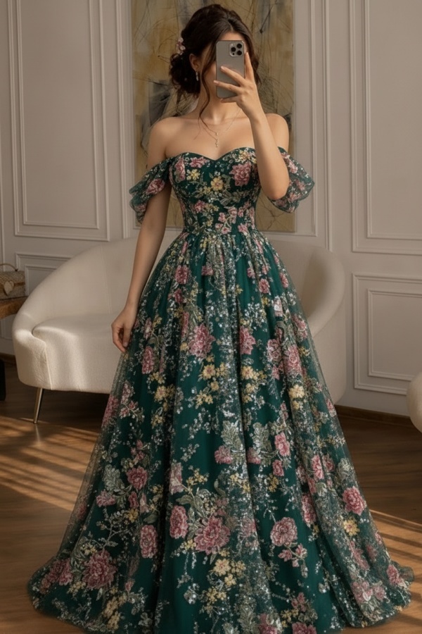 Schöne Abendkleider Lang Glitzer Ballkleider mit Blumen