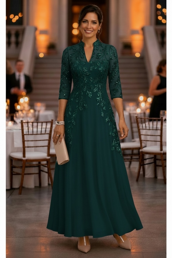 Festliche Kleider Hochzeitsparty Lang Brautmutterkleider Glitzer mit Ärmel