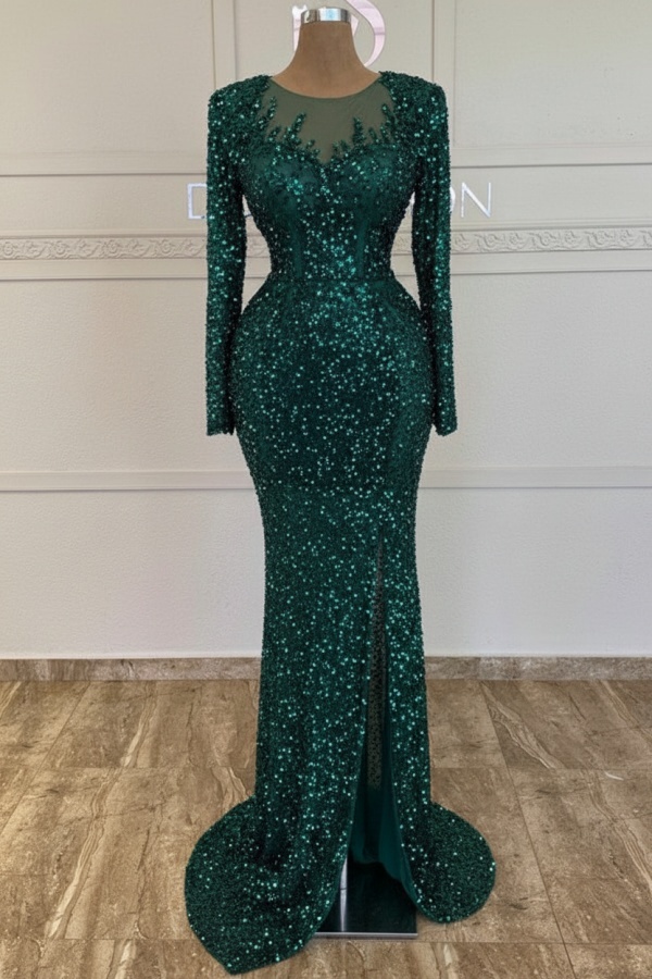 Grünes Ballkleid Lang Glitzer Abendkleid Mit Ärmel