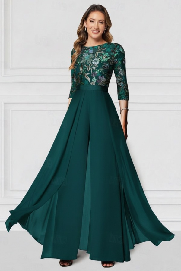 Festliche Hosenanzüge Lang Glitzer | Chiffon Schwarz Brautmutterkleider mit Ärmel