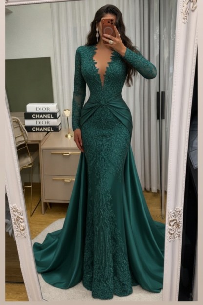 Wunderschöne Abendkleider Lang Spitze Abiballkleider mit Ärmel