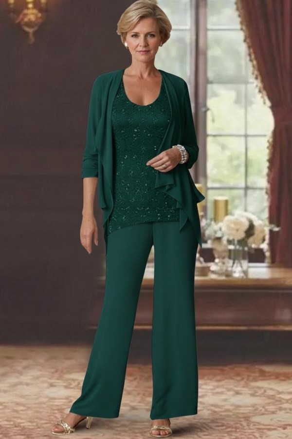 Silber Brautmutter Hosenanzug Chiffon Brautmutterkleider mit Spitze